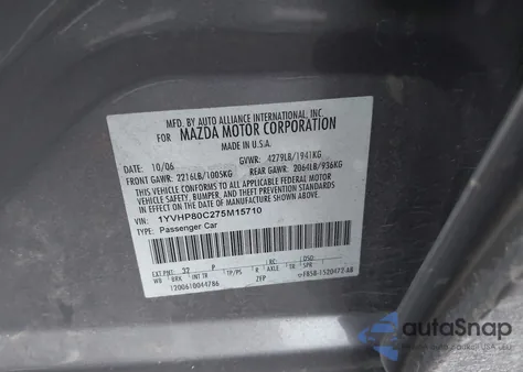 2007 Mazda Mazda6 I Sport z USA, uszkodzony, nr VIN 1YVHP80C275M15710